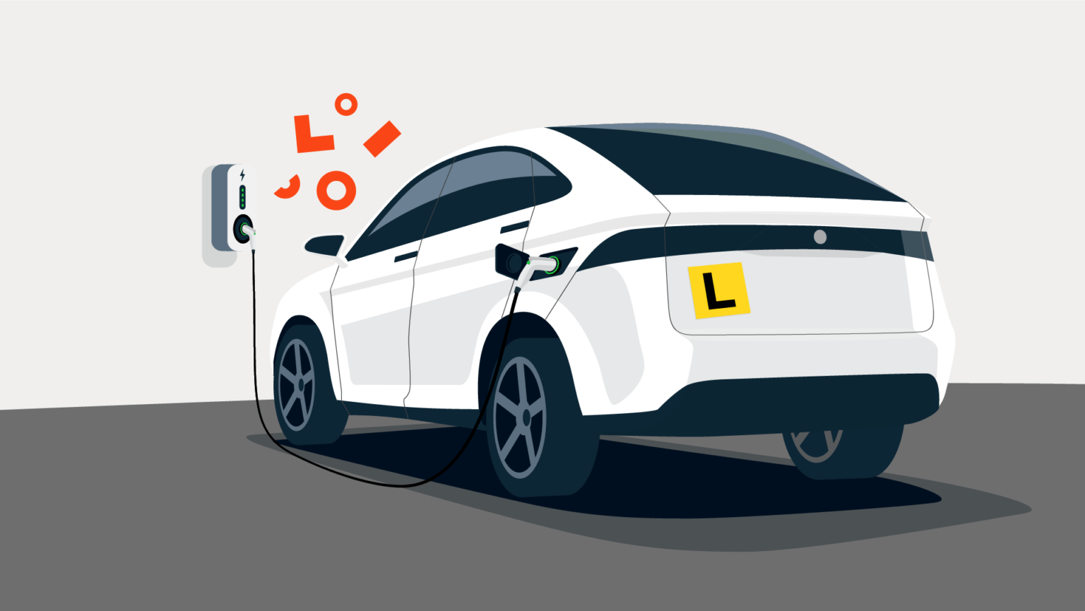 Illustration of a white electric car connected to a wall charging unit