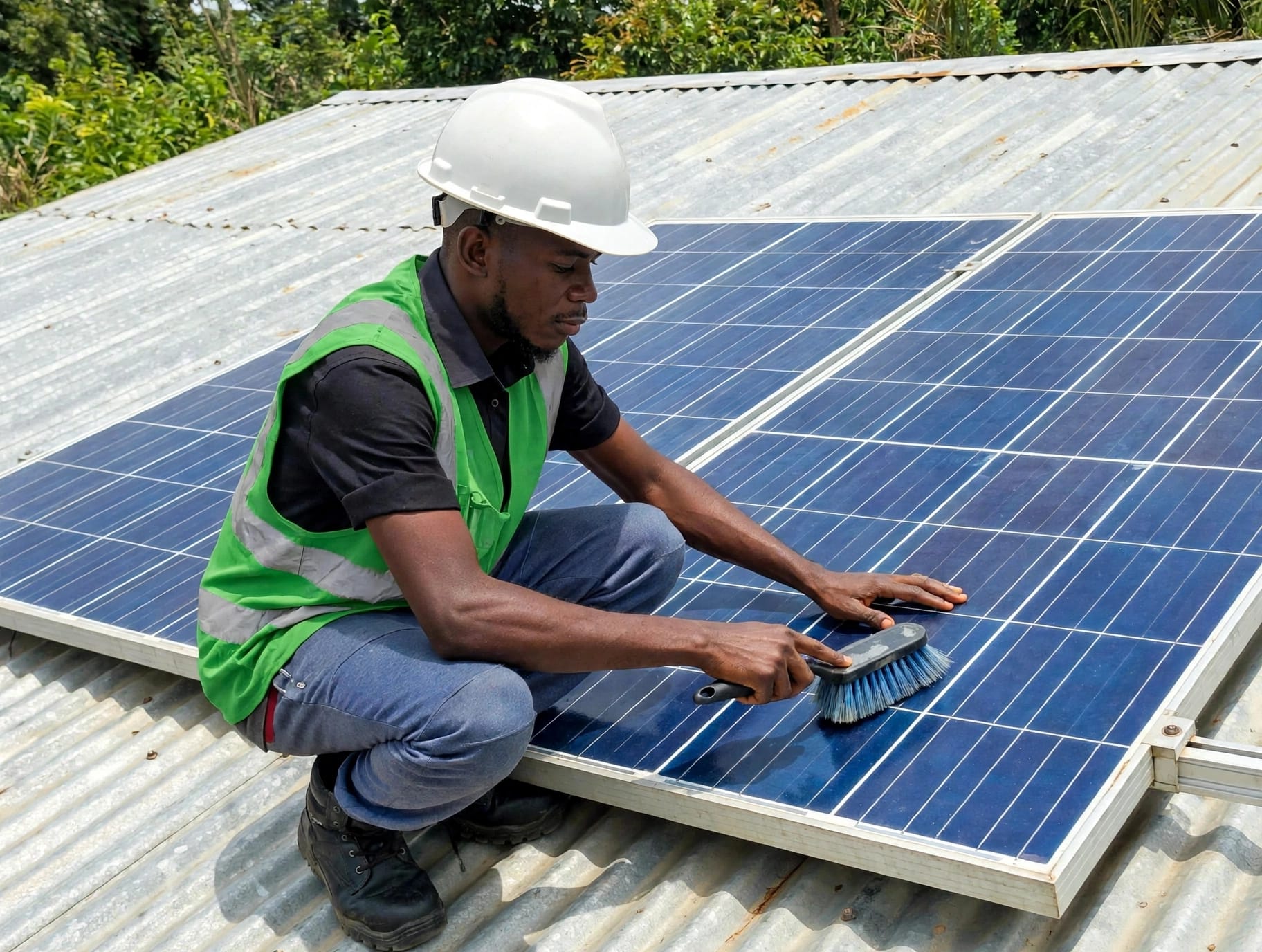 Installer in a hard hat and hi-vis vest crouching on a roof, working on a solar panel with a hand tool