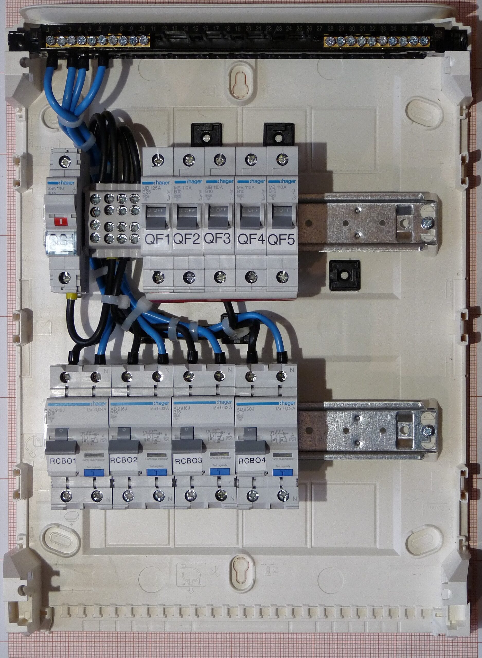 Open consumer unit with labelled circuit breakers and blue wiring feeding the circuits of a home