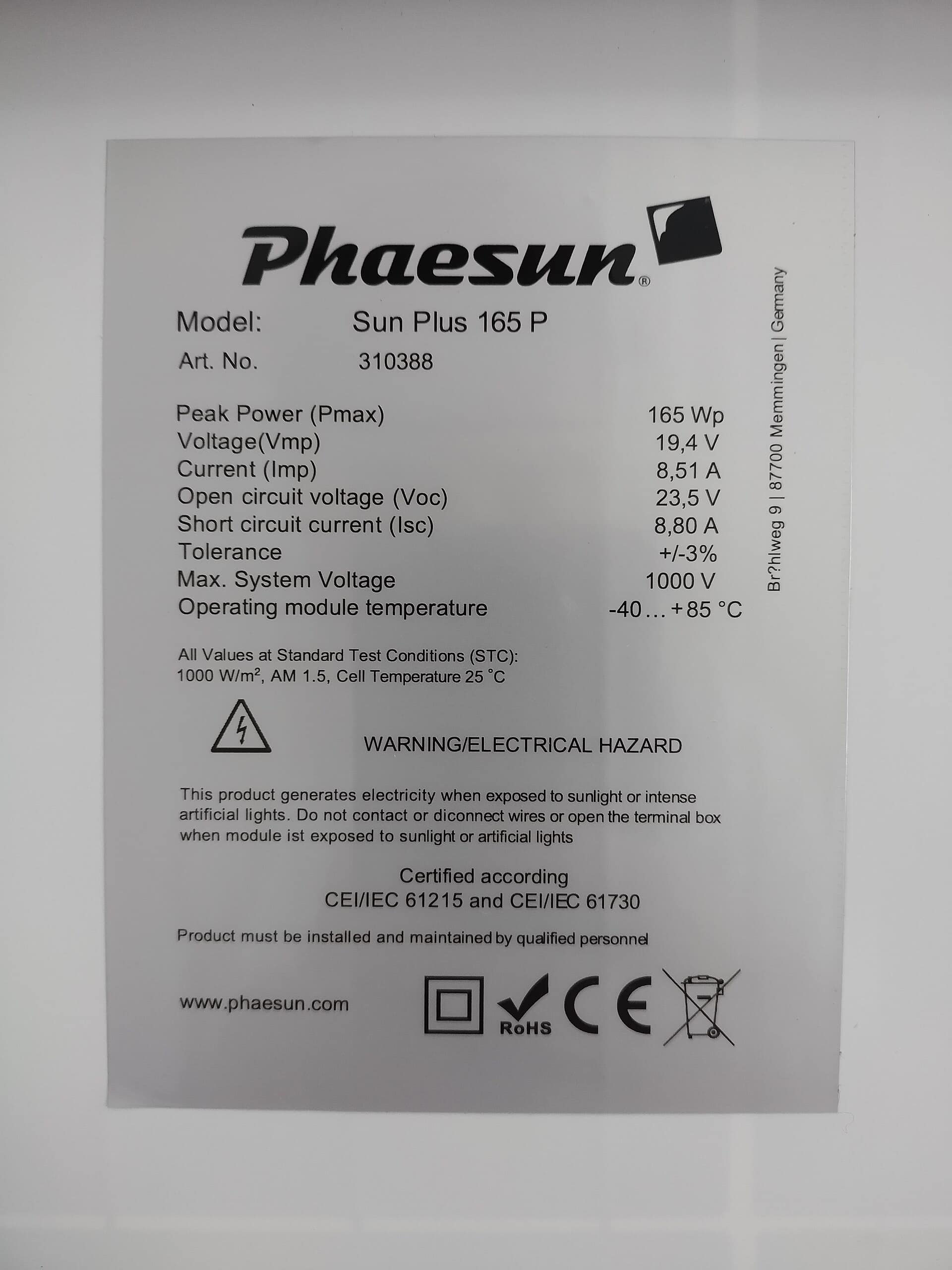 Panel spec label: Pmax 165 Wp, Voc 23.5 V, Isc 8.80 A, max system voltage 1000 V and STC test conditions