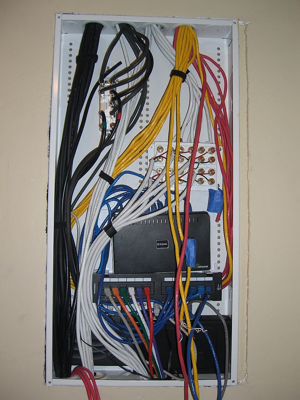 Wall-mounted network enclosure holding a patch panel and cabling, infrastructure mapped in a penetration test